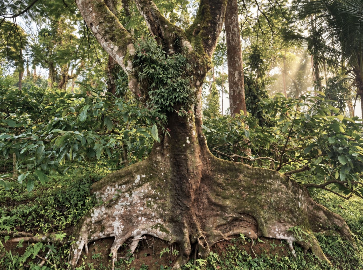 An old tree on great buttress roots, moss and ferns on its trunk, sunlight through the canopy behind