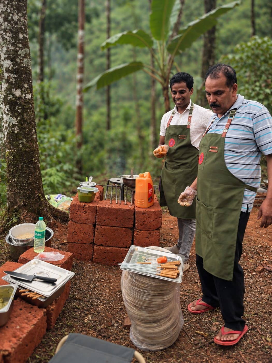 Two chefs in Aura aprons cooking over a laterite brick grill in the open