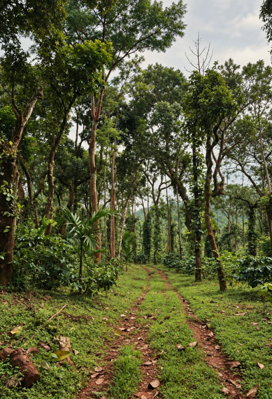 A grassy track running between tall shade trees through the coffee