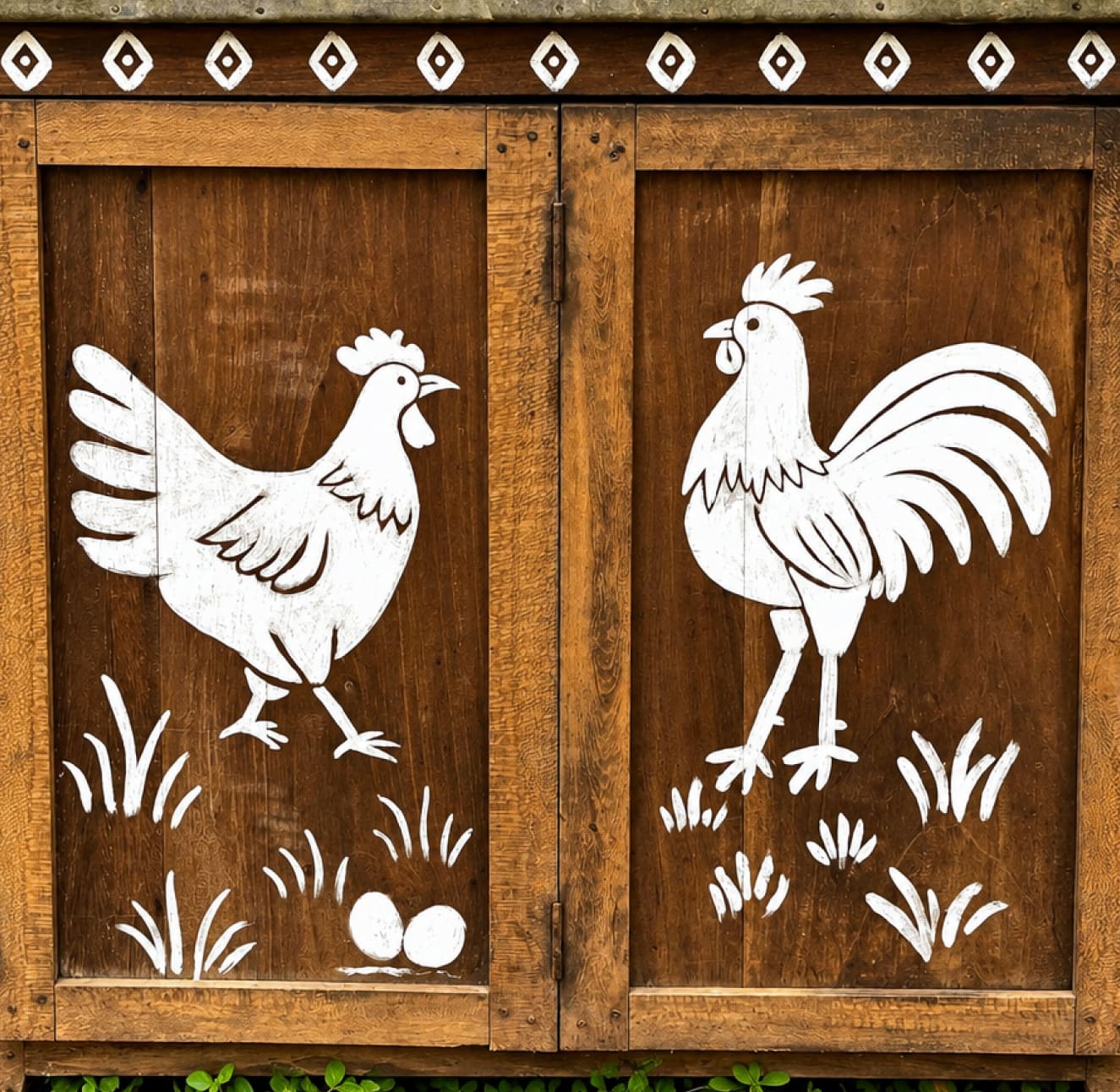 The finished coop doors, painted with a hen and a rooster