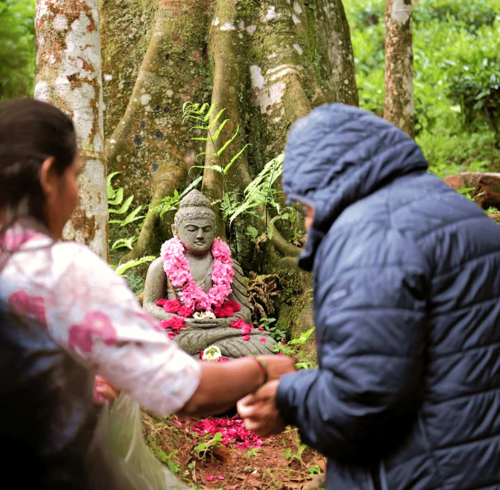 People garlanding the Buddha beneath the tree