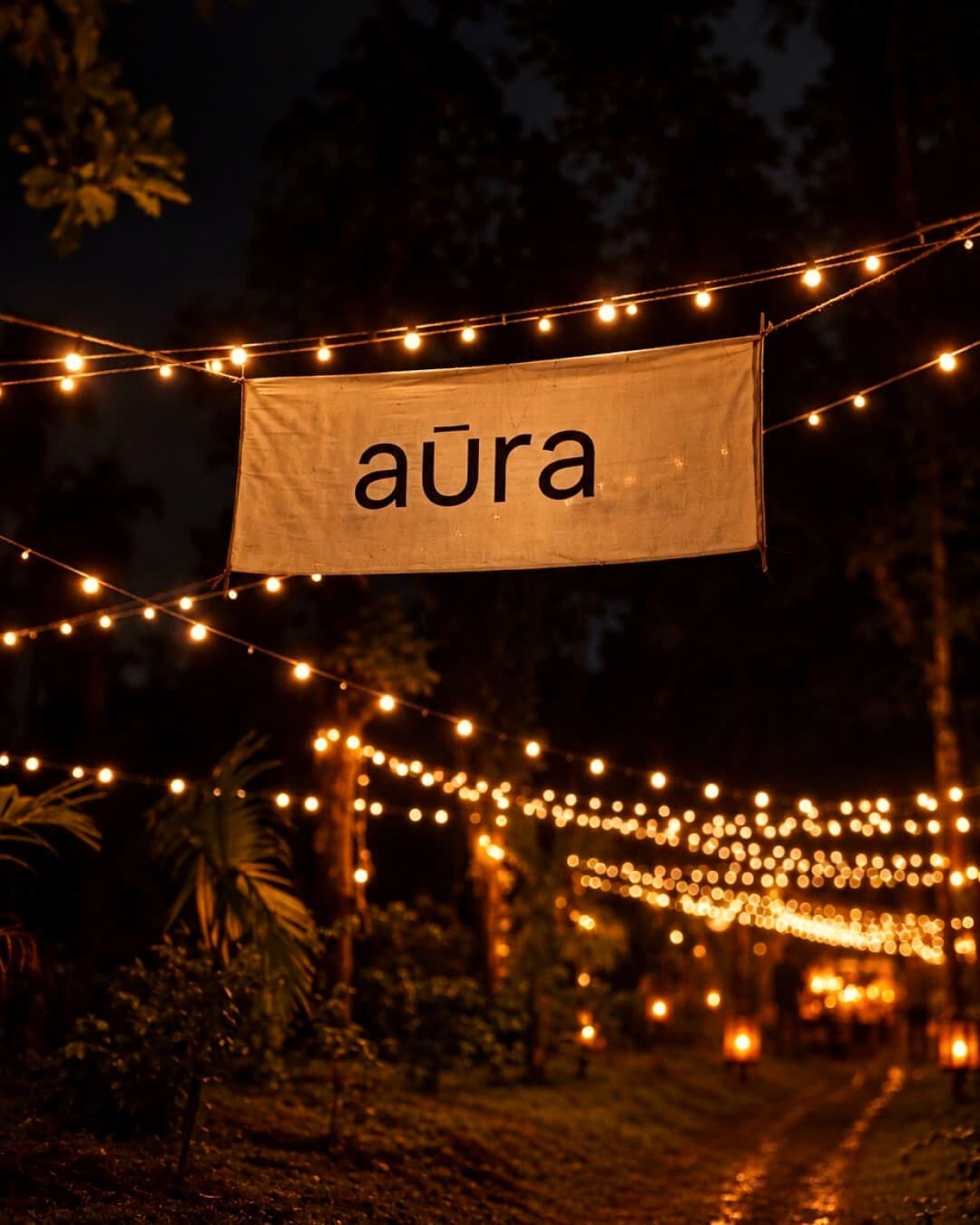 String lights and an Aura banner over the dinner table at night