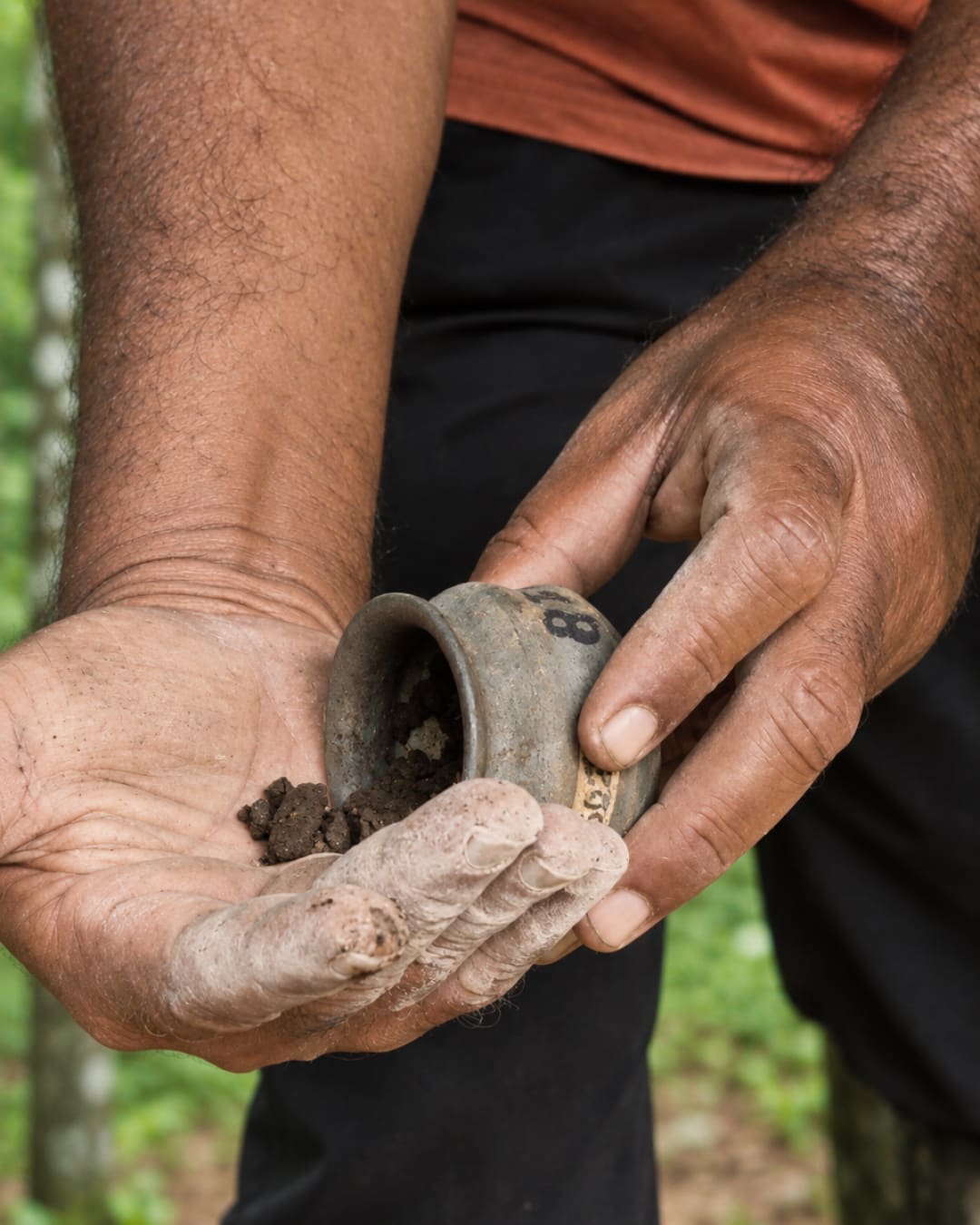 A preparation held in a cupped hand