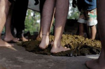 Bare feet working the cow pat pit mix together on the ground