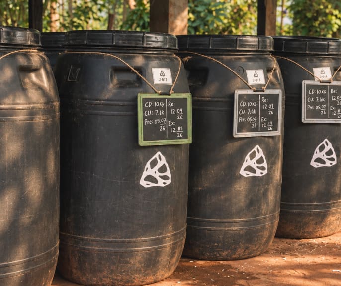 Labelled drums of jeevamrit under a shelter