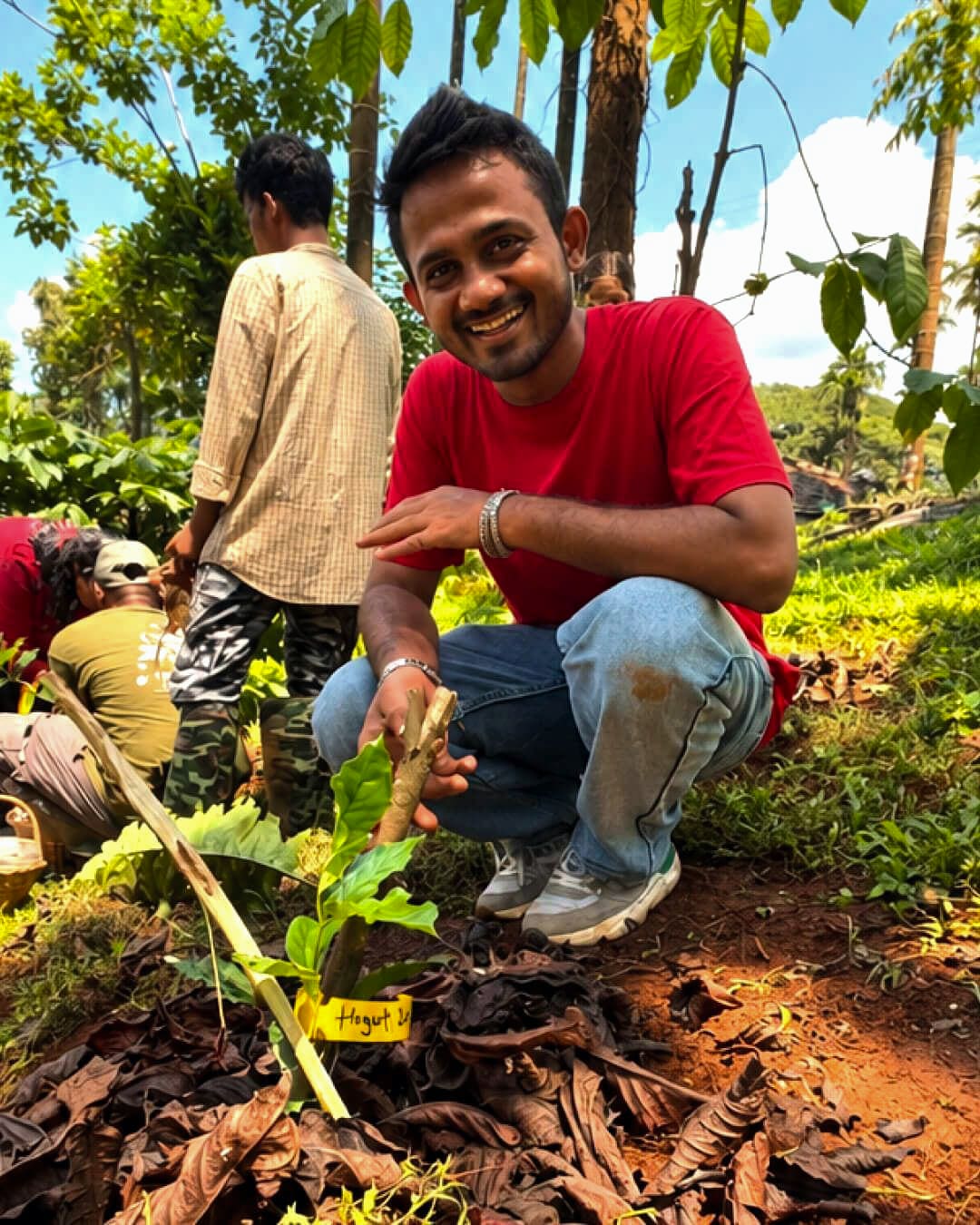 A smiling guest crouched beside a newly planted sapling