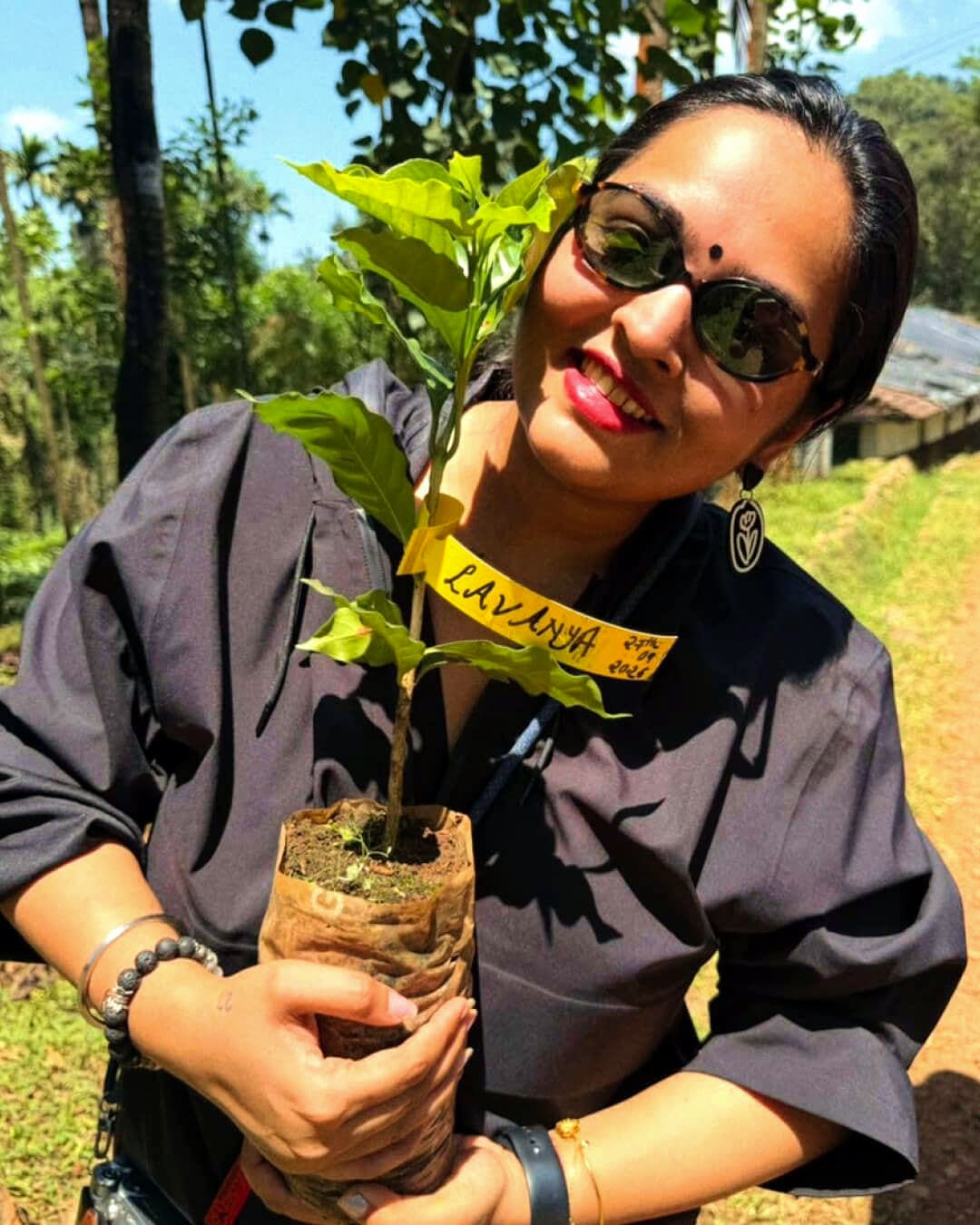 A guest holding up a young coffee plant