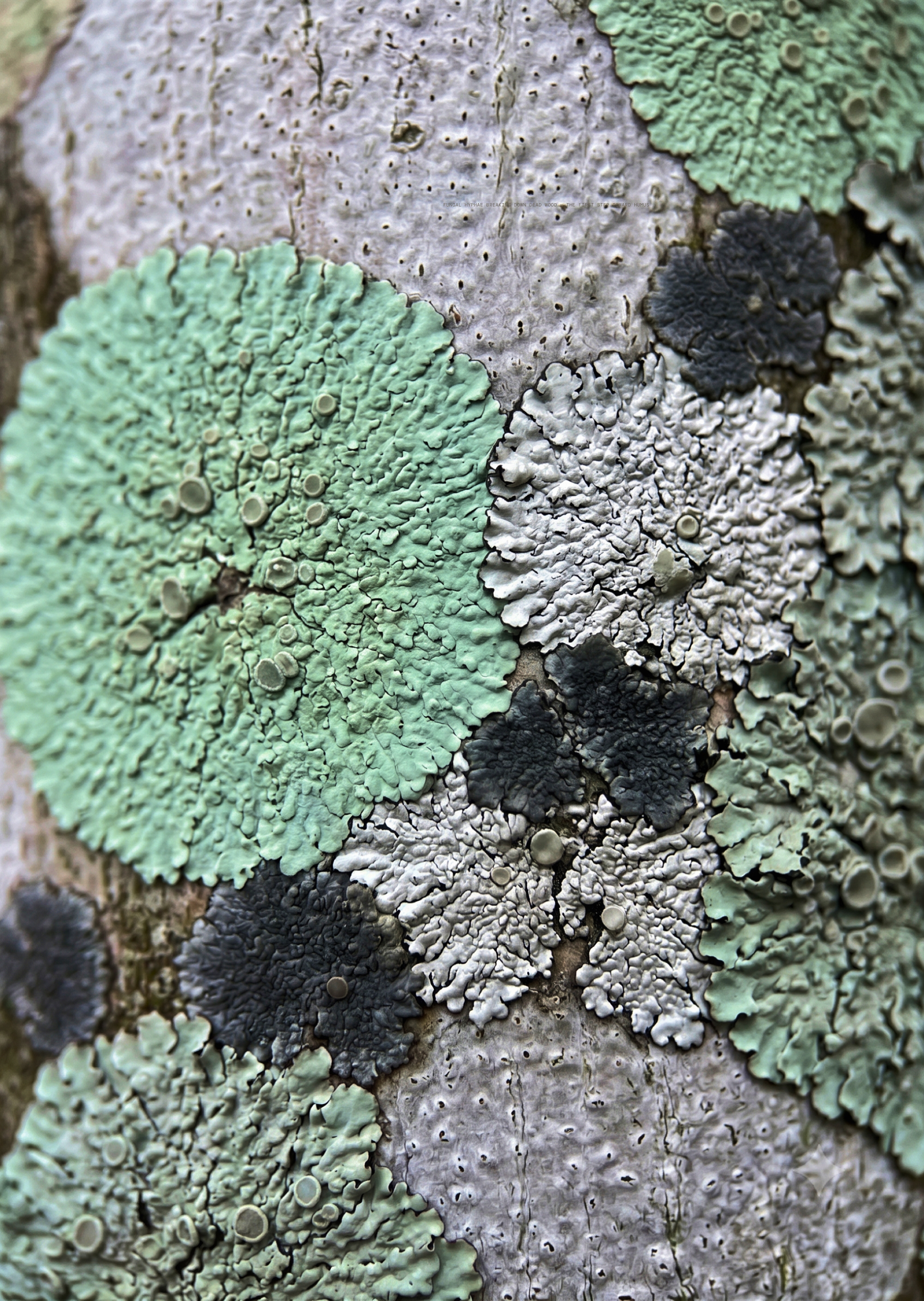 Lichen growing in detail on the bark of a tree