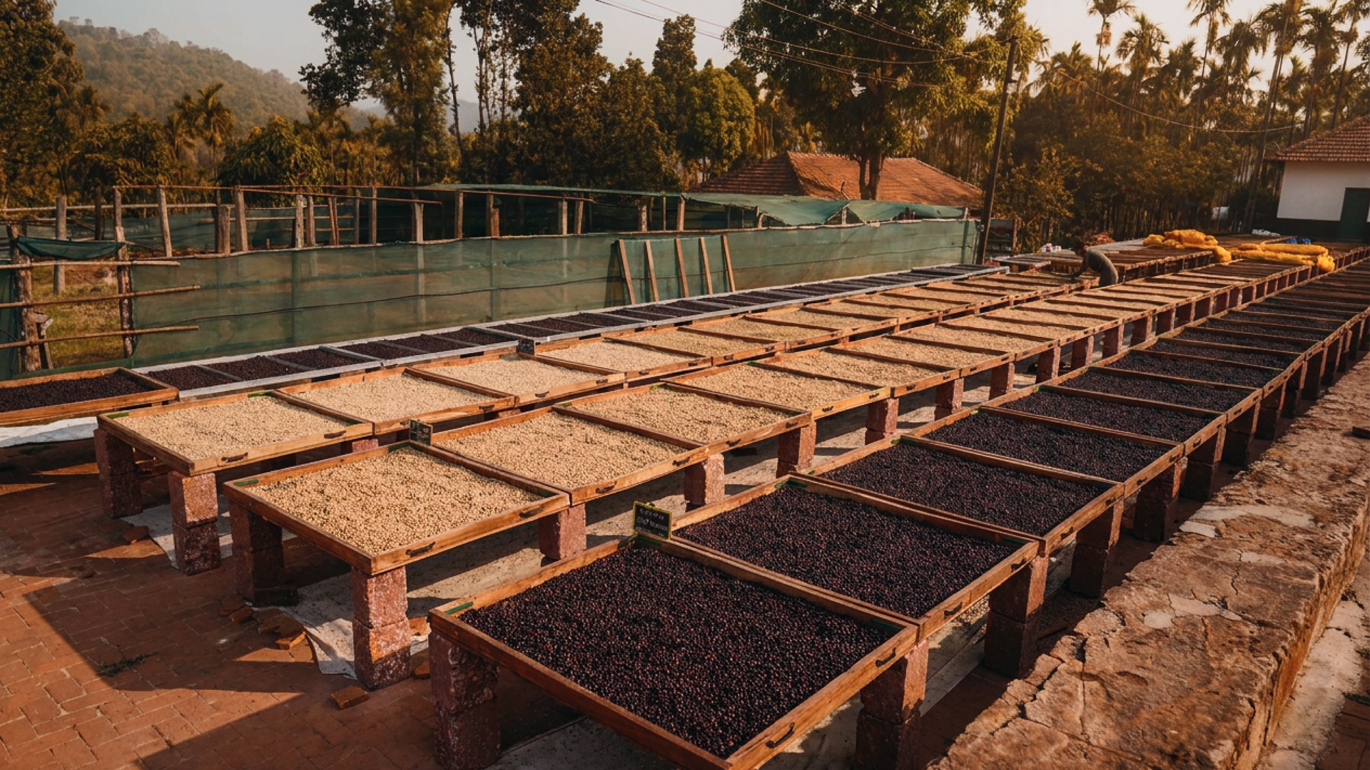 Green coffee laid out on a sorting table — second pass of screen grading at the estate lab
