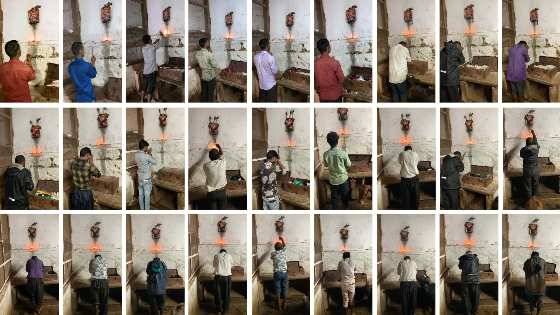 A grid of twenty-seven frames: different people lighting the same shrine lamp on different mornings