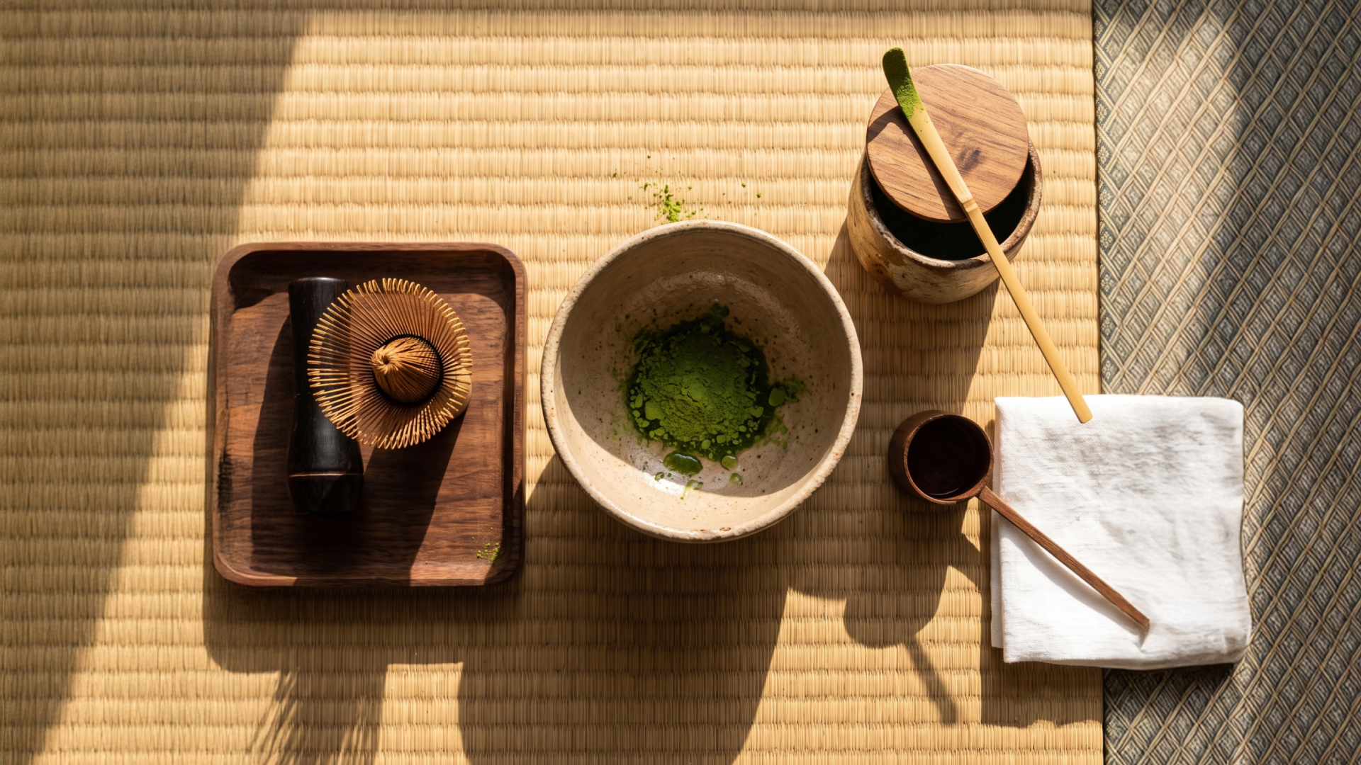 Matcha whisked at the morning counter