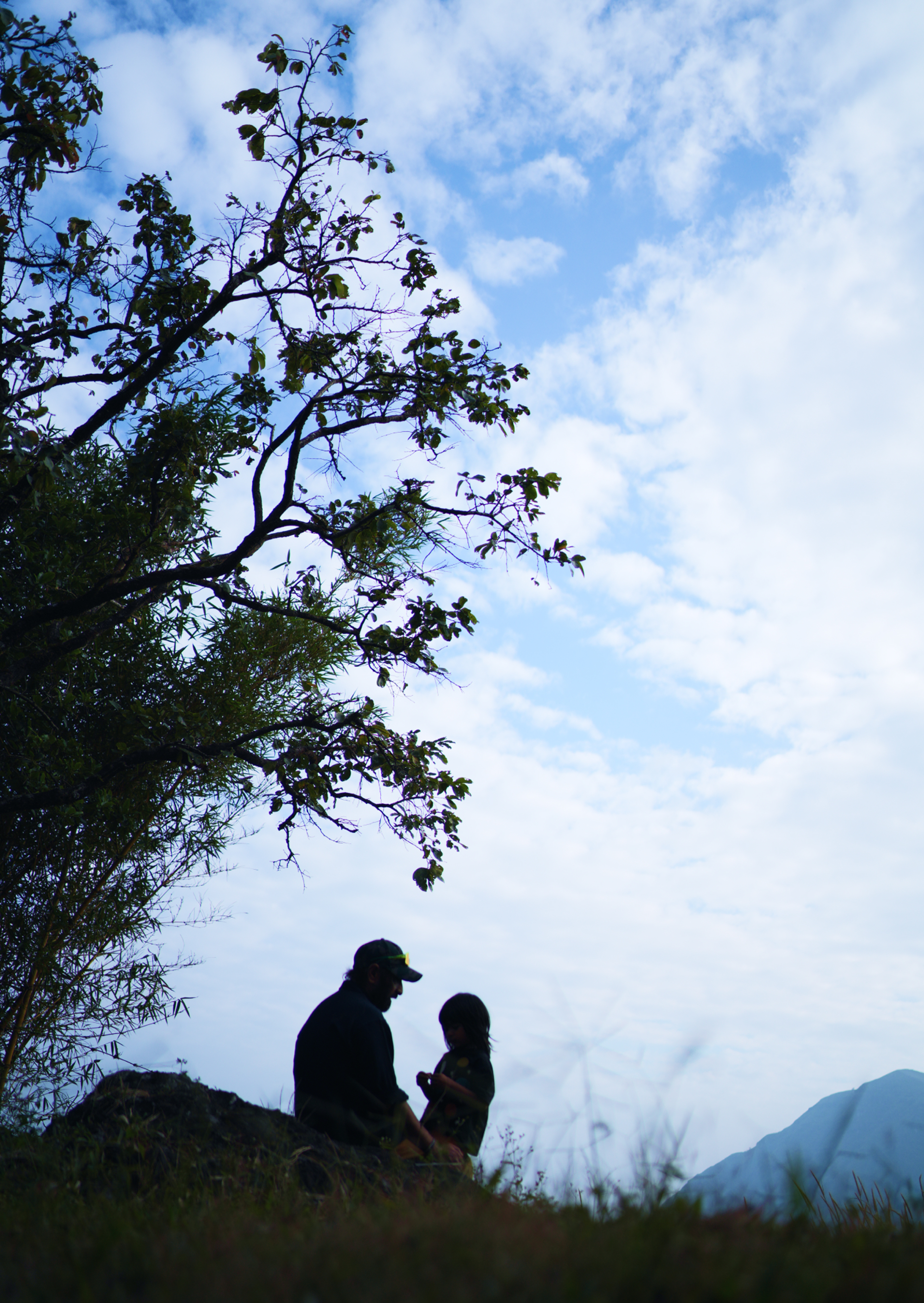 A father and child, silhouetted against the mountains at dusk